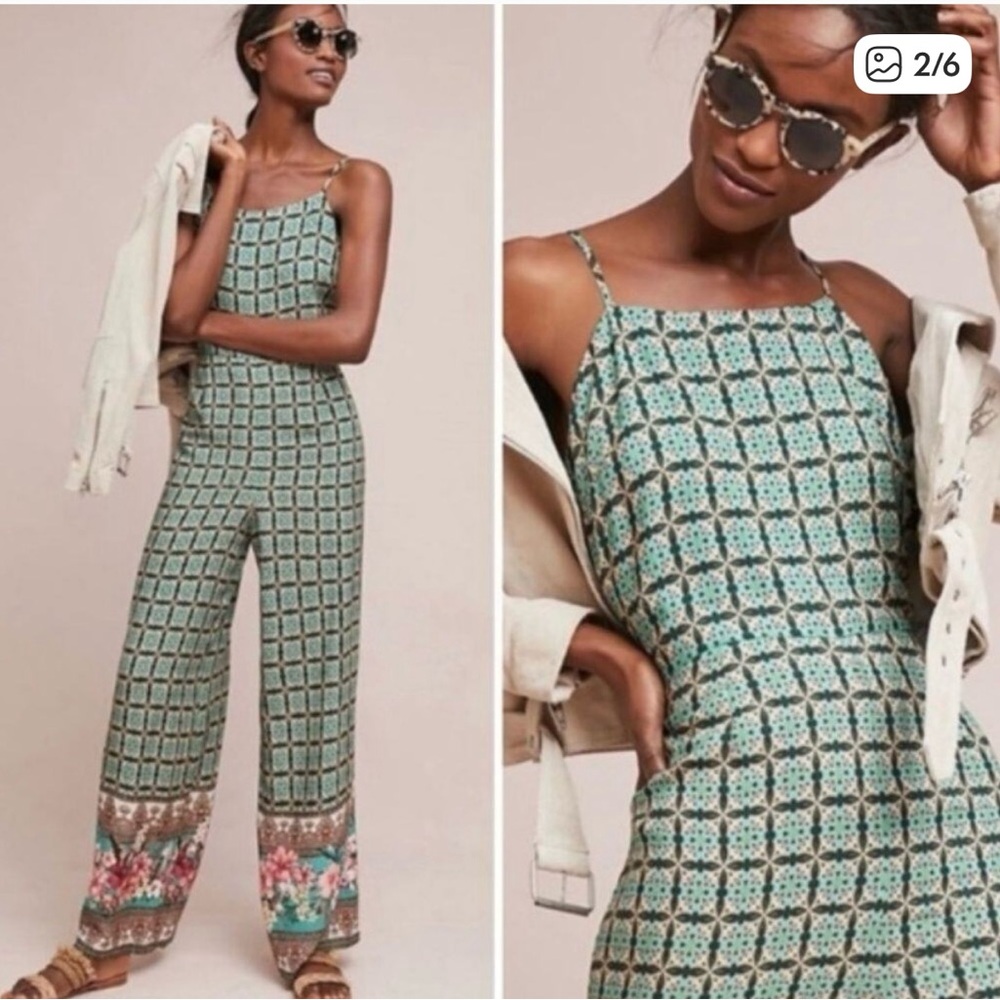 Anthropologie Teal and Floral Jumpsuit
